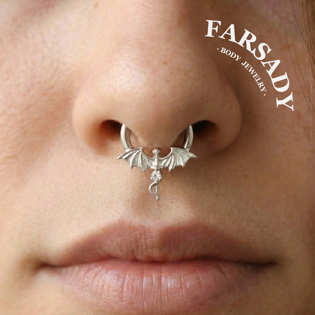 Winged Dagger - Dragon Wing CZ Hinged Clicker Hoop / Fits 16G Septum Ring Helix Conch Daith Earring