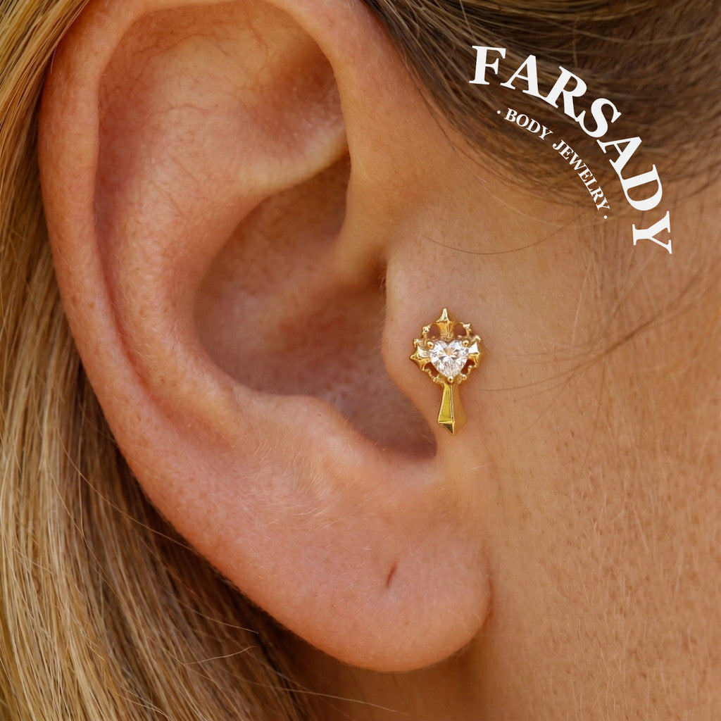 Sacred Heart - 925 Silver Threadless Stud / Fits Cartilage Helix Tragus Lobe Nostril Piercing