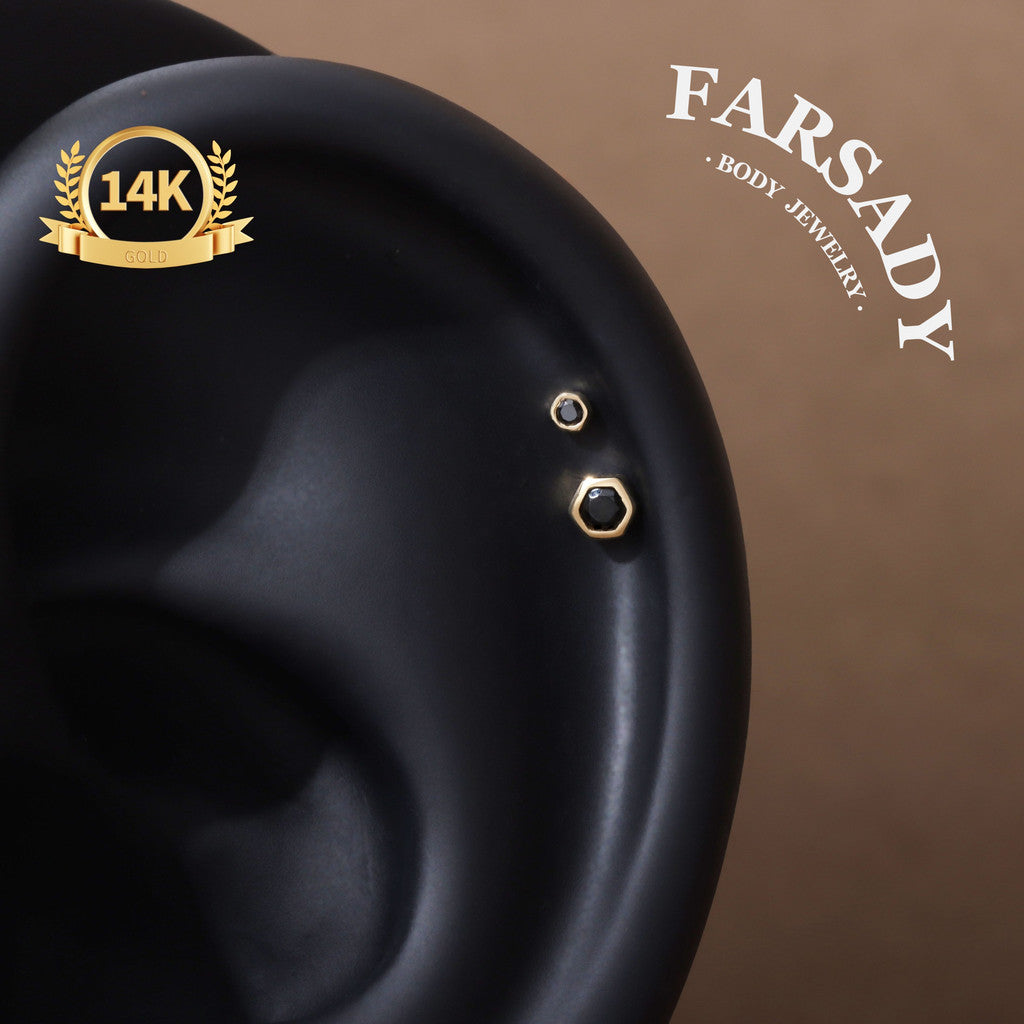 Dark Hexa - Solid 14K Gold Threadless Stud / Fits Cartilage Helix Tragus Lobe Nostril Piercing