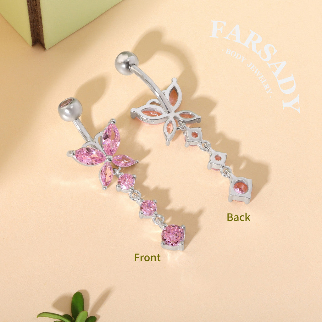 Pink Butterfly Trail - 925 Silver Pink CZ Belly Button Ring / Fits 14G Navel Piercing