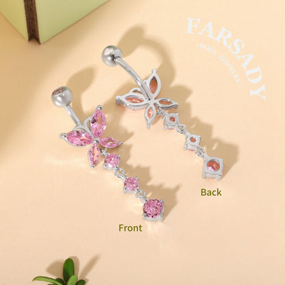 Pink Butterfly Trail - 925 Silver Pink CZ Belly Button Ring / Fits 14G Navel Piercing