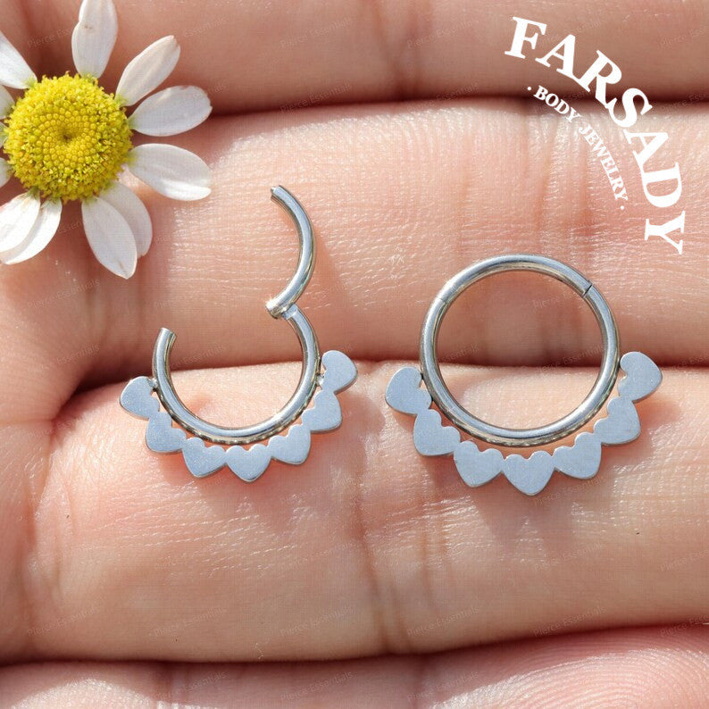 FARSADY Body Jewelry 16G Stainless Steel Love Heart Septum Ring, 8mm 10mm Silver CZ Helix Hoop Earring, Gold Conch Ring Clicker, Hinged Earrings Piercing Jewelry