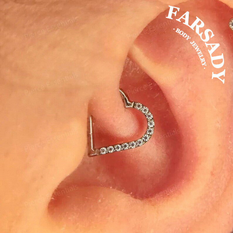 16G Titanium Heart CZ Daith Earring, 8mm Silver Helix Hoop Earring, Gold Cartilage Ring Clicker, Hinged  Left Right Ear Piercing