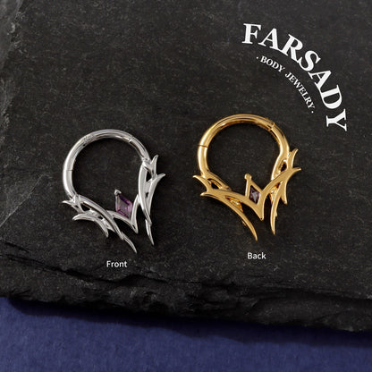 Thorn Diamond Shape Amethyst CZ Septum Ring Sterling Silver Plated 18K Gold Alt Fashion Sharp Spike Daith Earring Helix Tragus Conch Hoop Daily Wear Gothic Gift Jewelry