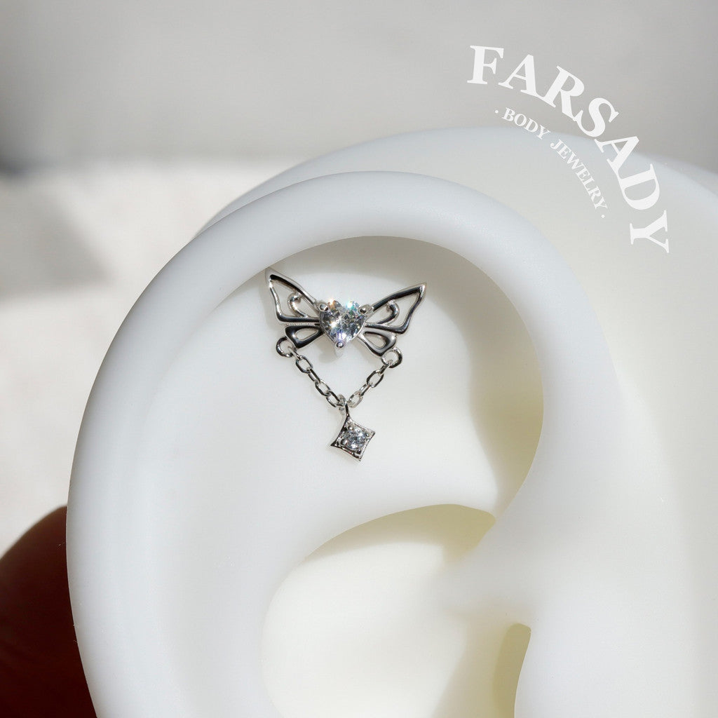 Butterfly Helix Stud Earring – Heart CZ Cartilage Chain Earring | Threadless Flat Back | Gold or Silver | Cartilage Dangle Piercing Jewelry