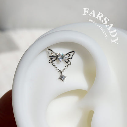 Butterfly Helix Stud Earring – Heart CZ Cartilage Chain Earring | Threadless Flat Back | Gold or Silver | Cartilage Dangle Piercing Jewelry