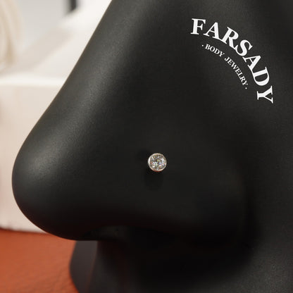 Bezel Round CZ - F136 Titanium L-Shape Nose Stud / Fit 18G 20G Nose Ring