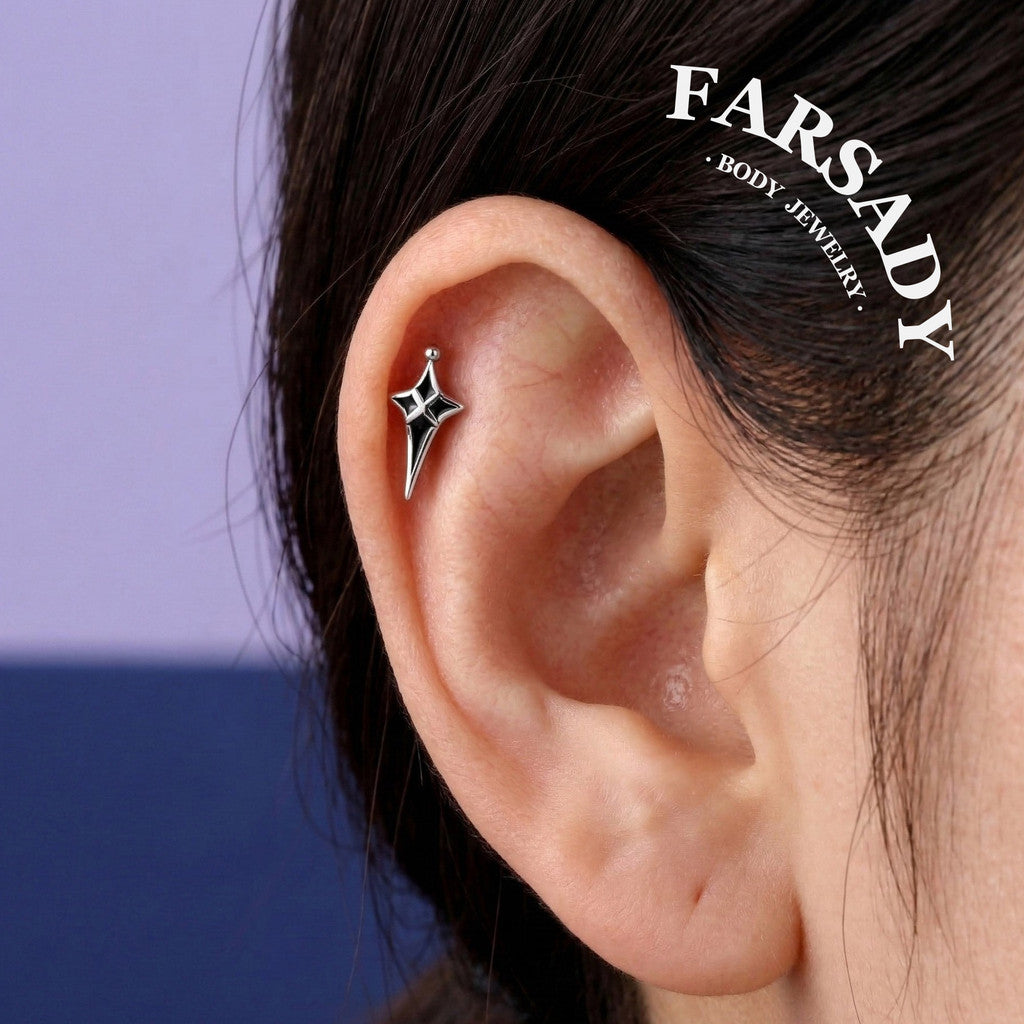 Noir Pole - 925 Silver Threadless Stud / Fits Cartilage Helix Tragus Lobe Nostril Piercing