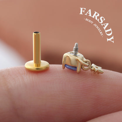 Aquamarine Planet - Solid 14K Gold Internally Threaded Stud / Fits Cartilage Helix Tragus Lobe Piercing