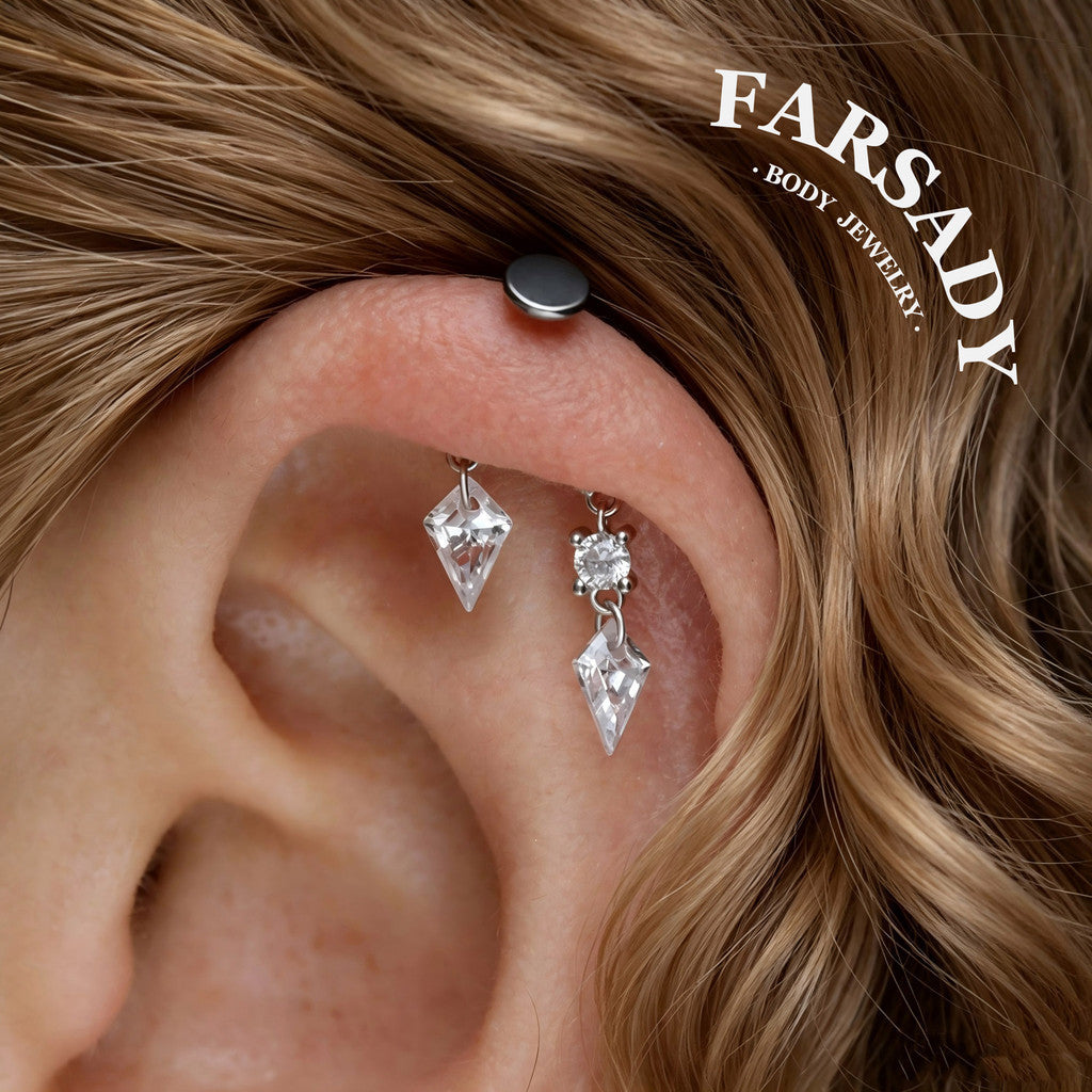 Rhombus Drop - 925 Silver Threadless Stud / Fits Vertical Helix Hidden Rook Earring