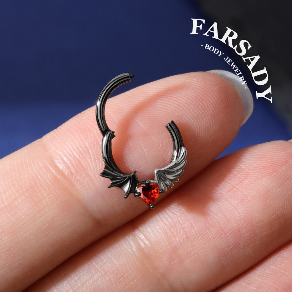 16G Angel Vs Devil Septum Ring S925 Sterling Silver Red CZ Heart Septum Jewelry Hinged Heart Daith Ear Hoop Gothic Helix Piercing Daily Wear Gift for Her