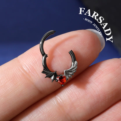 16G Angel Vs Devil Septum Ring S925 Sterling Silver Red CZ Heart Septum Jewelry Hinged Heart Daith Ear Hoop Gothic Helix Piercing Daily Wear Gift for Her