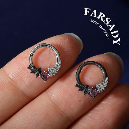 S925 Silver Purple CZ Heart Septum Ring 16G Angel Devil Design Hinged Daith Ear Hoop Gothic Style Body Piercing Jewelry
