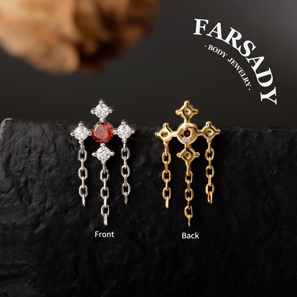 Dangle Helix Earring Flat Back,Red CZ Threadless Push In Stud,Tragus Lobe Conch Cartilage Jewelry Sterling Silver Plated 18K Gold, 16/18/20G