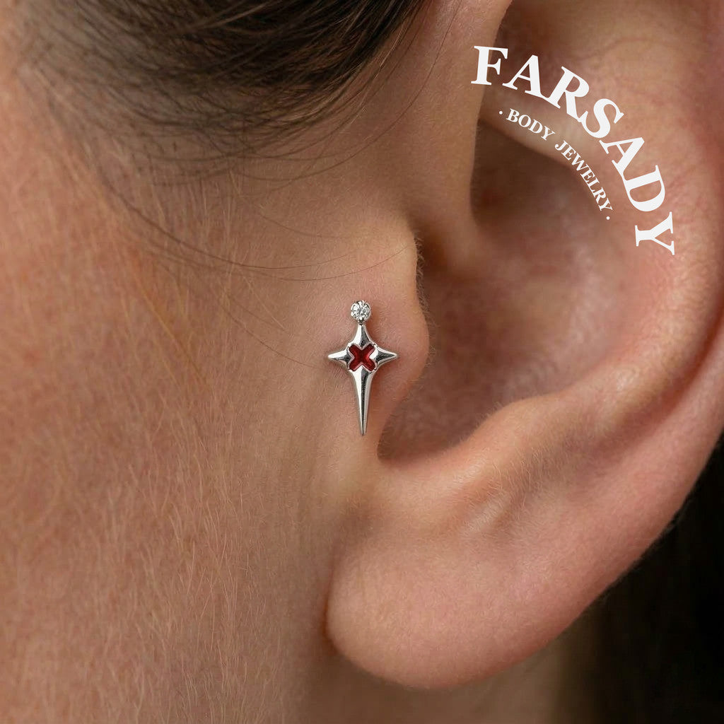 Sterling Silver Red X Threadless Labret, F136 Titanium Push Pin Stud, 925 Silver Gothic Earring, 16G 18G 20G Flat Back, Helix Tragus Conch Piercing Jewelry