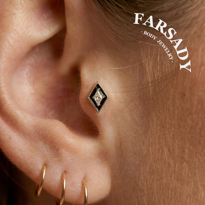 Rhombus Black Enamel CZ Tragus Studs, Sterling Silver Helix Piercing Earrings, Titanium Threadless Push Pin, Flat Back Minimalist Jewelry