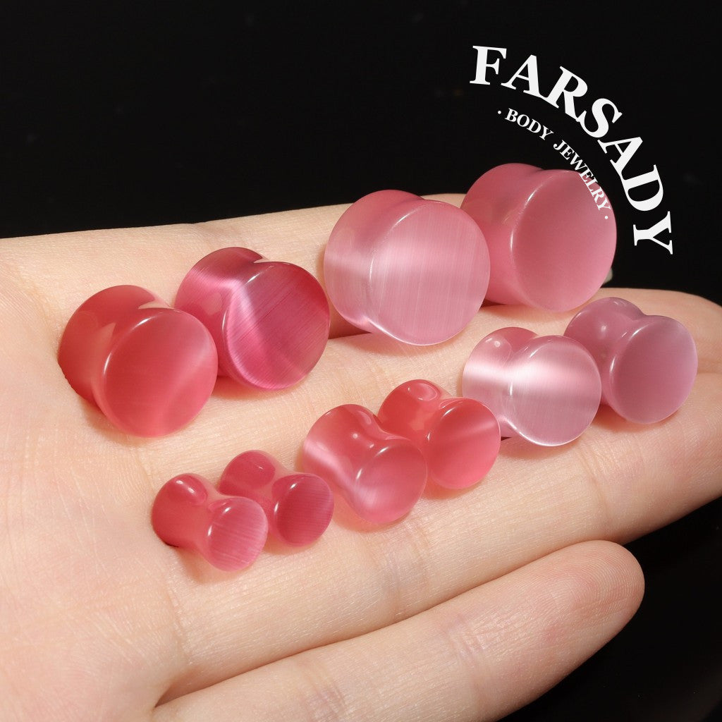 Pink Cat's Eye Stone Ear Plug Earrings 6mm-14mm Ear Gauges Stone Ear Stretchers Stretched Ears Lobe Piercing Body Jewelry