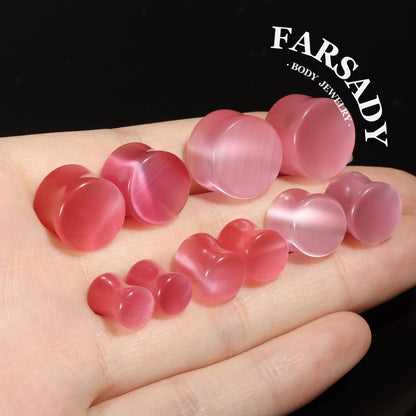 Pink Cat's Eye Stone Ear Plug Earrings 6mm-14mm Ear Gauges Stone Ear Stretchers Stretched Ears Lobe Piercing Body Jewelry