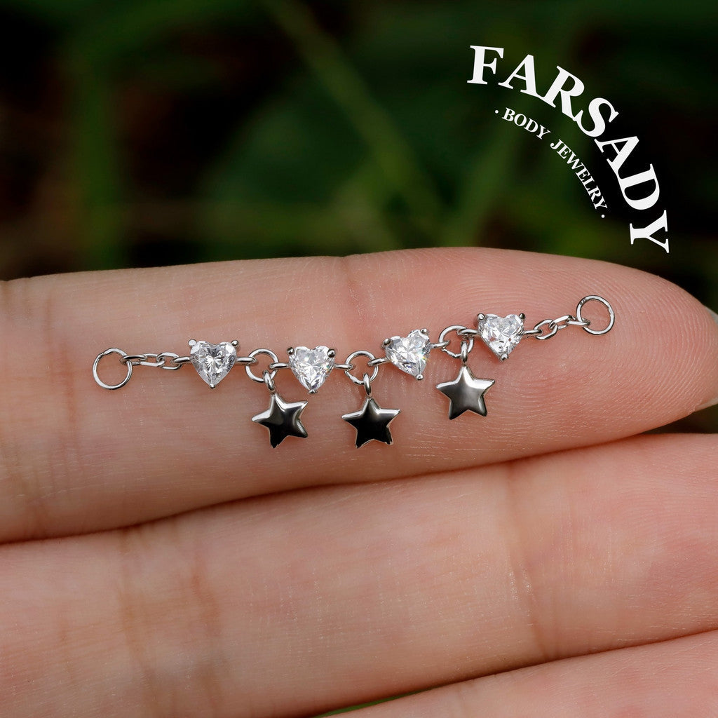 No Rules Star&Heart Chain Charm: Sterling Silver Helix Industril Conch Cartilage Wrap Chain, Dangle Nose Piercing DIY Chain Gold, 25mm 35mm