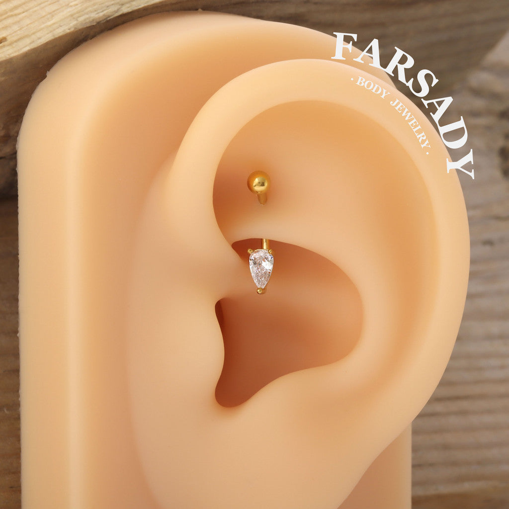 Dew Tear - 316L Clear CZ Curved Barbell / Fits 16G Rook Daith Earring Lip Eyebrow Cartilage Piercing