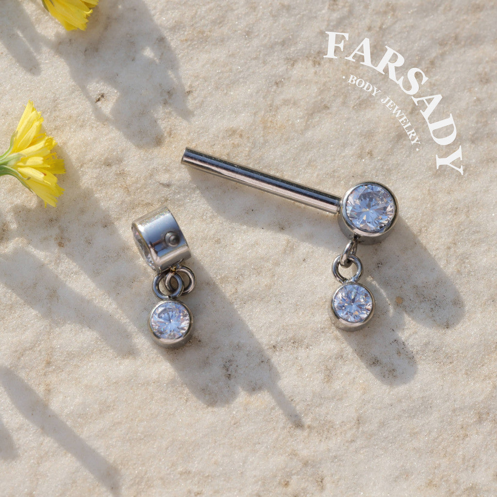 Tassel Crystal - 2PCS F136 Titanium Internally Threaded Straight Barbell / Fits 16G Chest Piercing Nose Bridge