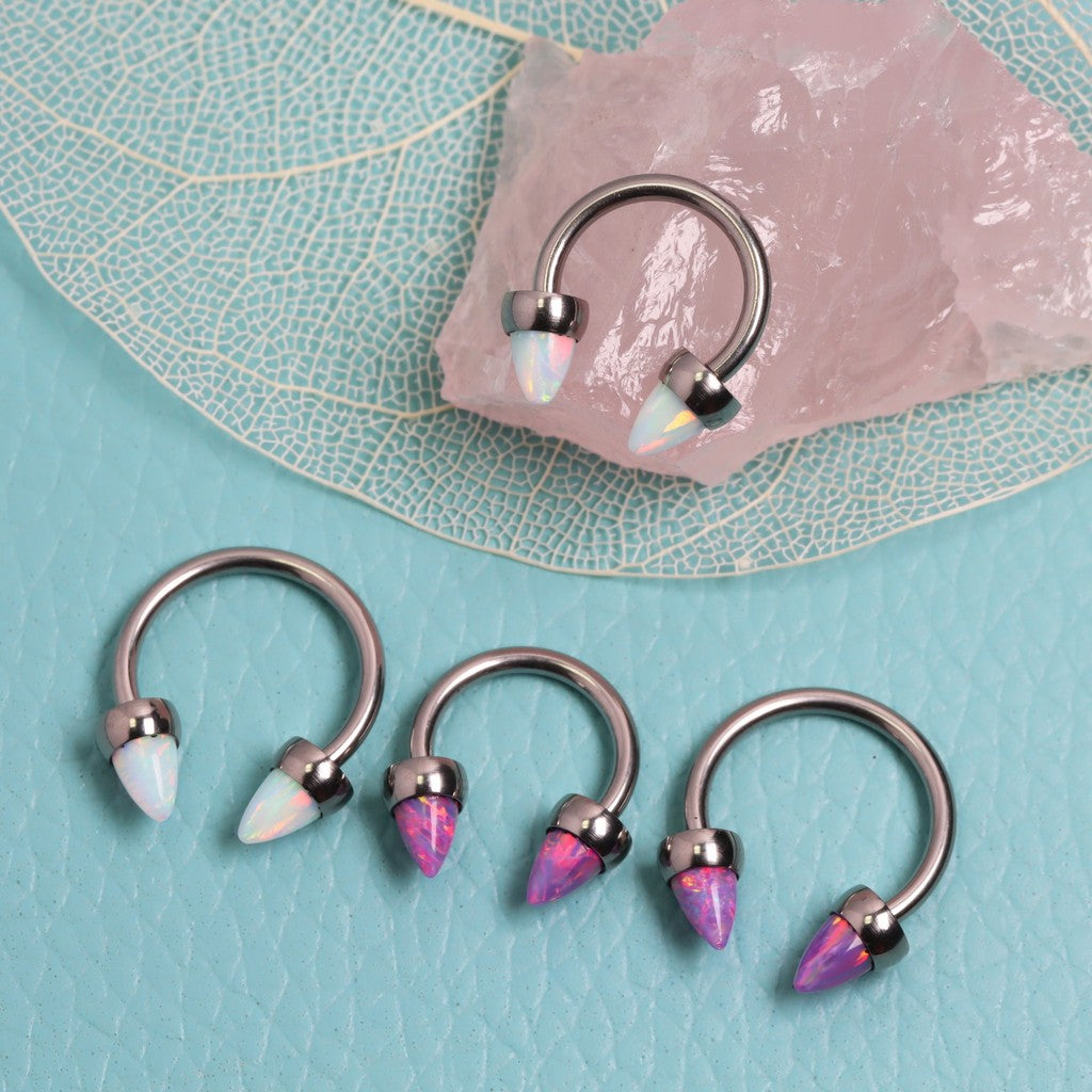 Opal Spike - F136 Titanium Internally Threaded Curved Barbell Ring / Fits 16G Septum Ring Helix Conch Daith Earring