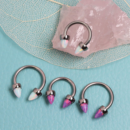 Opal Spike - F136 Titanium Internally Threaded Curved Barbell Ring / Fits 16G Septum Ring Helix Conch Daith Earring