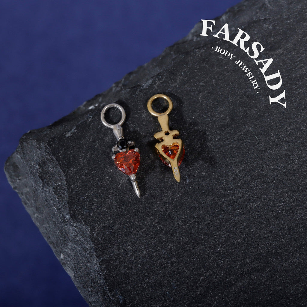 Crimson Blade Talisman - 925 Sterling Silver Red CZ Heart Dangle Charm / Interchangeable Hoop Earring Pendant for Helix Daith Cartilage Piercing