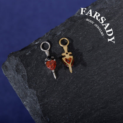 Crimson Blade Talisman - 925 Sterling Silver Red CZ Heart Dangle Charm / Interchangeable Hoop Earring Pendant for Helix Daith Cartilage Piercing