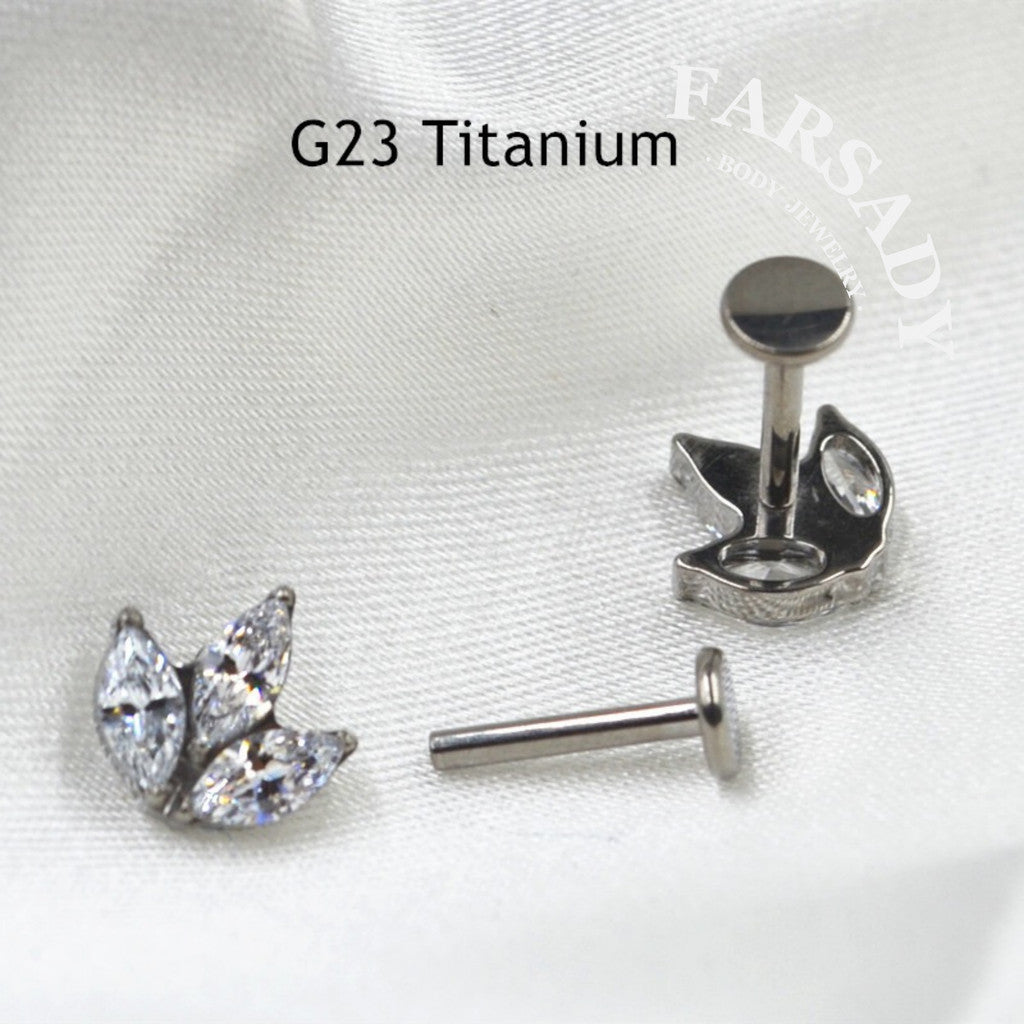 Three Marquise Leaf - F136 Titanium Internally Threaded Stud / Fits Cartilage Helix Tragus Lobe Nostril Piercing