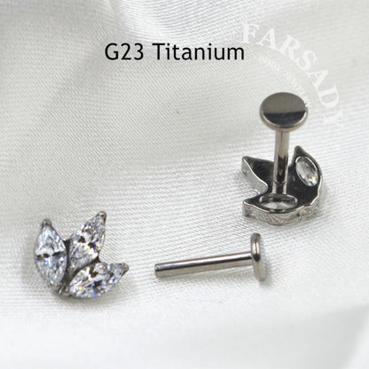 Three Marquise Leaf - F136 Titanium Internally Threaded Stud / Fits Cartilage Helix Tragus Lobe Nostril Piercing