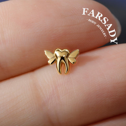 Tooth Wing - 925 Silver Threadless Stud / Fits Cartilage Helix Tragus Lobe Earring