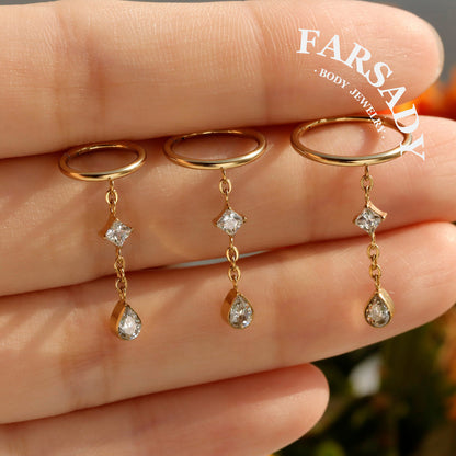 Elegant Titanium Teardrop Dangle Conch Earring, 18K Real Gold Plated Helix Ring, Hypoallergenic Waterproof Piercing Jewelry, 16G 8mm/10mm