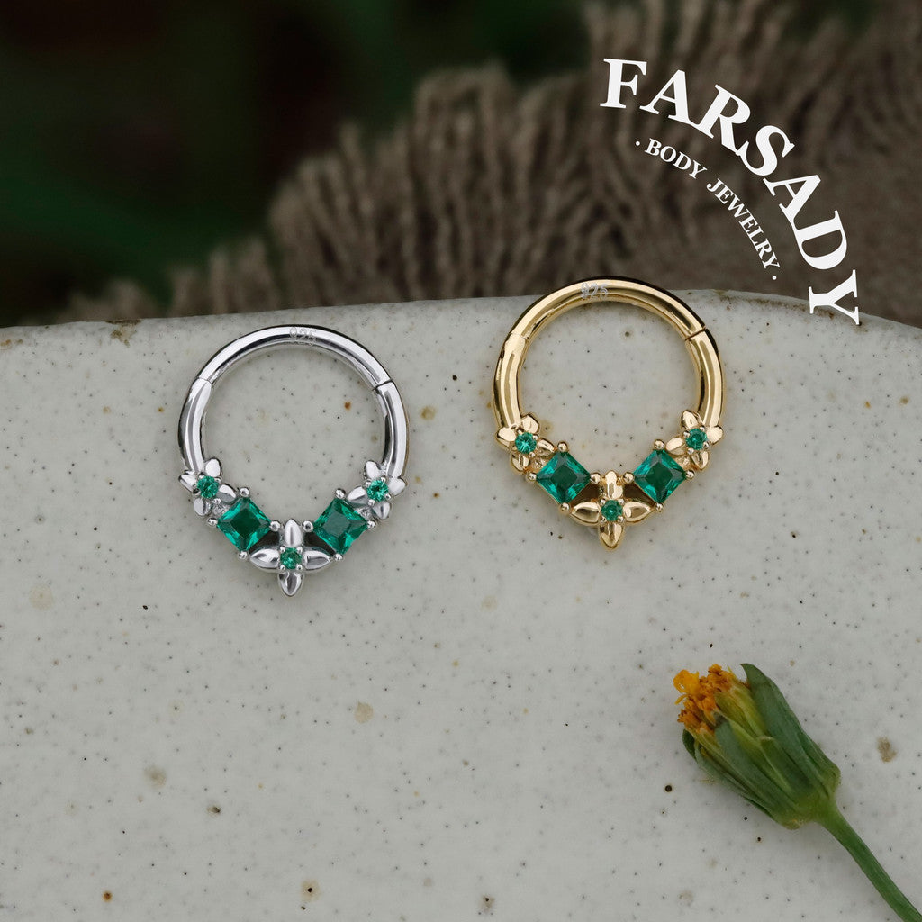 Sterling Silver Flower Green Zircon Daith Hoop Earrings Handmade Daith Piercing Jewelry Hinged Septum Ring Unique Helix Tragus Lobe Cartilage Earrings Daily Wear Gift for Her