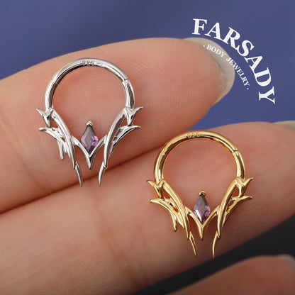 Thorn Diamond Shape Amethyst CZ Septum Ring Sterling Silver Plated 18K Gold Alt Fashion Sharp Spike Daith Earring Helix Tragus Conch Hoop Daily Wear Gothic Gift Jewelry