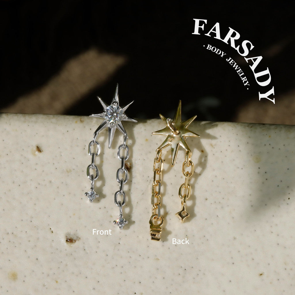 Sterling Silver Star Dangle Helix Earring • Threadless Push In Flat Piercing Jewelry •  S925 Tragus Conch Lobe Cartilage Jewelry • Titanium Back