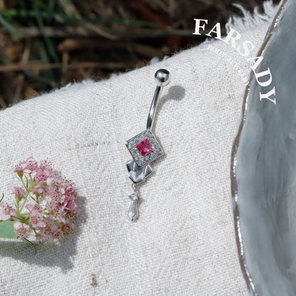 14G Belly Button Ring – 925 Silver 18K Gold Plated| Pink CZ Amulet Belly Ring Dangle Bar| Hypoallergenic Navel Piercing Jewelry| Waterproof