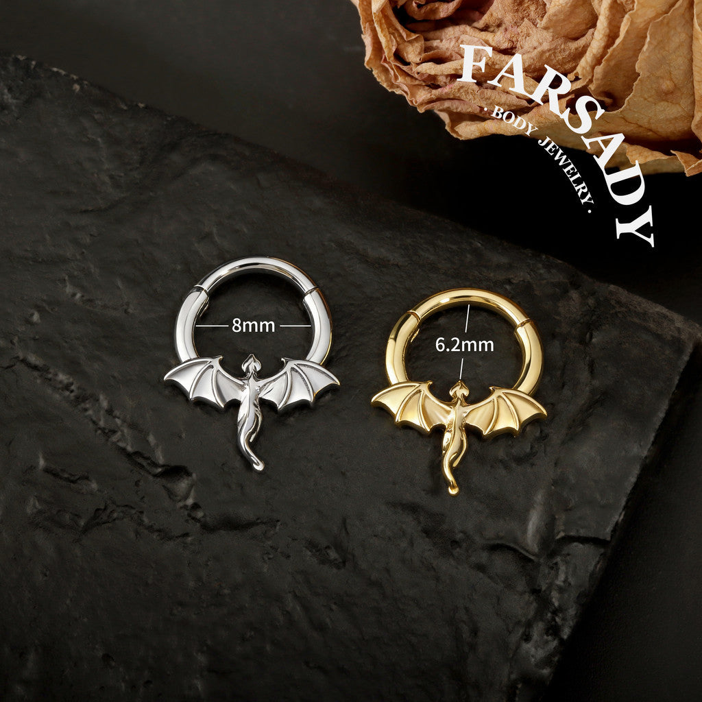 Flying Dragon - 316L Hinged Clicker Hoop / Fits 16G Septum Ring Helix Conch Cartilage Earring