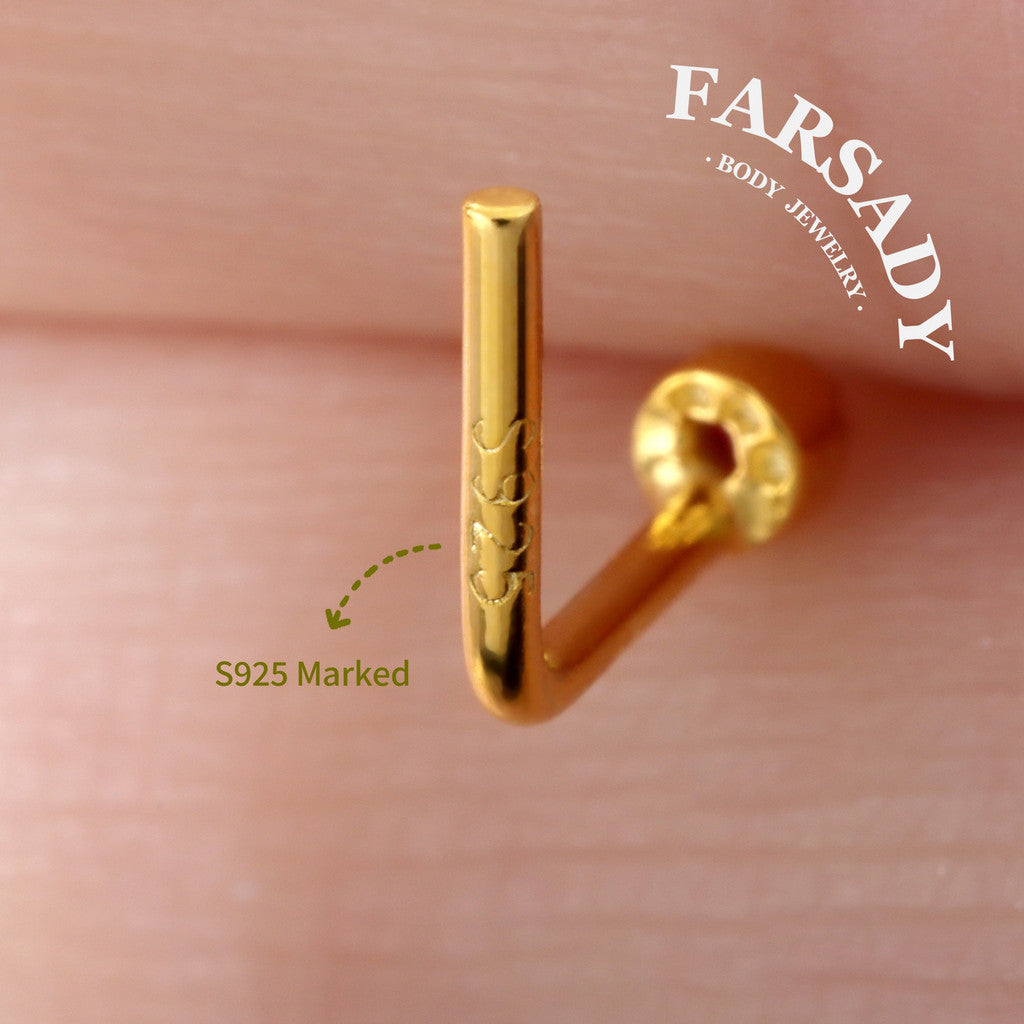 Colored Bezel Round CZ - 925 Silver L-Shape Stud / Fit 20G Nose Piercing