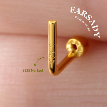 Colored Bezel Round CZ - 925 Silver L-Shape Stud / Fit 20G Nose Piercing