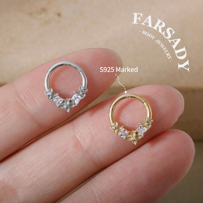 Clover Crest - 925 Silver Hinged Clicker Hoop / Fits 16G Septum Ring Helix Conch Daith Earring