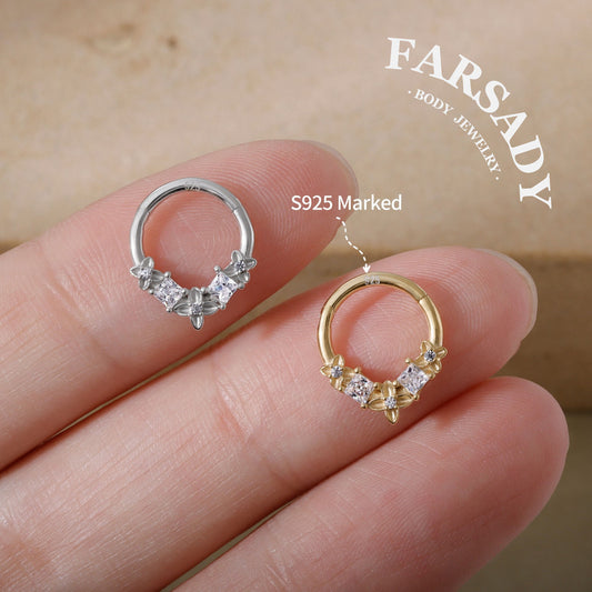 Clover Crest - 925 Silver Hinged Clicker Hoop / Fits 16G Septum Ring Helix Conch Daith Earring