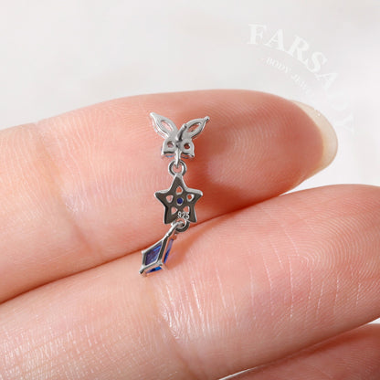 Sterling Silver Dangle Butterfly Threadless Push Pin • 925 Silver Star Shaped Cartilage Push Back Stud • Helix Flat Back Earlobe Piercing
