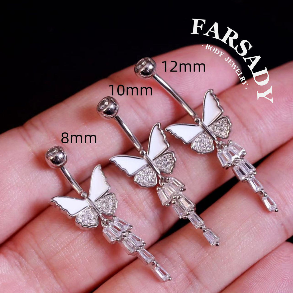 14G Sterling Silver White Butterfly Belly Button Ring | S925 Navel Piercing Jewelry | 5A Cubic Zirconia Dangle Navel Ring | Elegant Daily Wear Piercing Jewelry with Gift Box