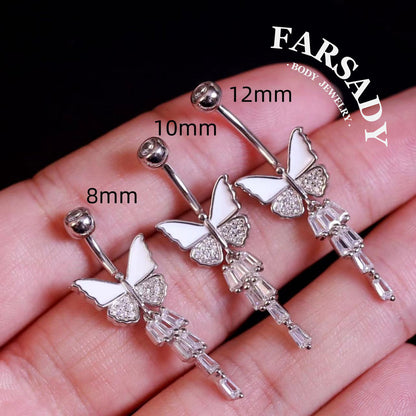 14G Sterling Silver White Butterfly Belly Button Ring | S925 Navel Piercing Jewelry | 5A Cubic Zirconia Dangle Navel Ring | Elegant Daily Wear Piercing Jewelry with Gift Box