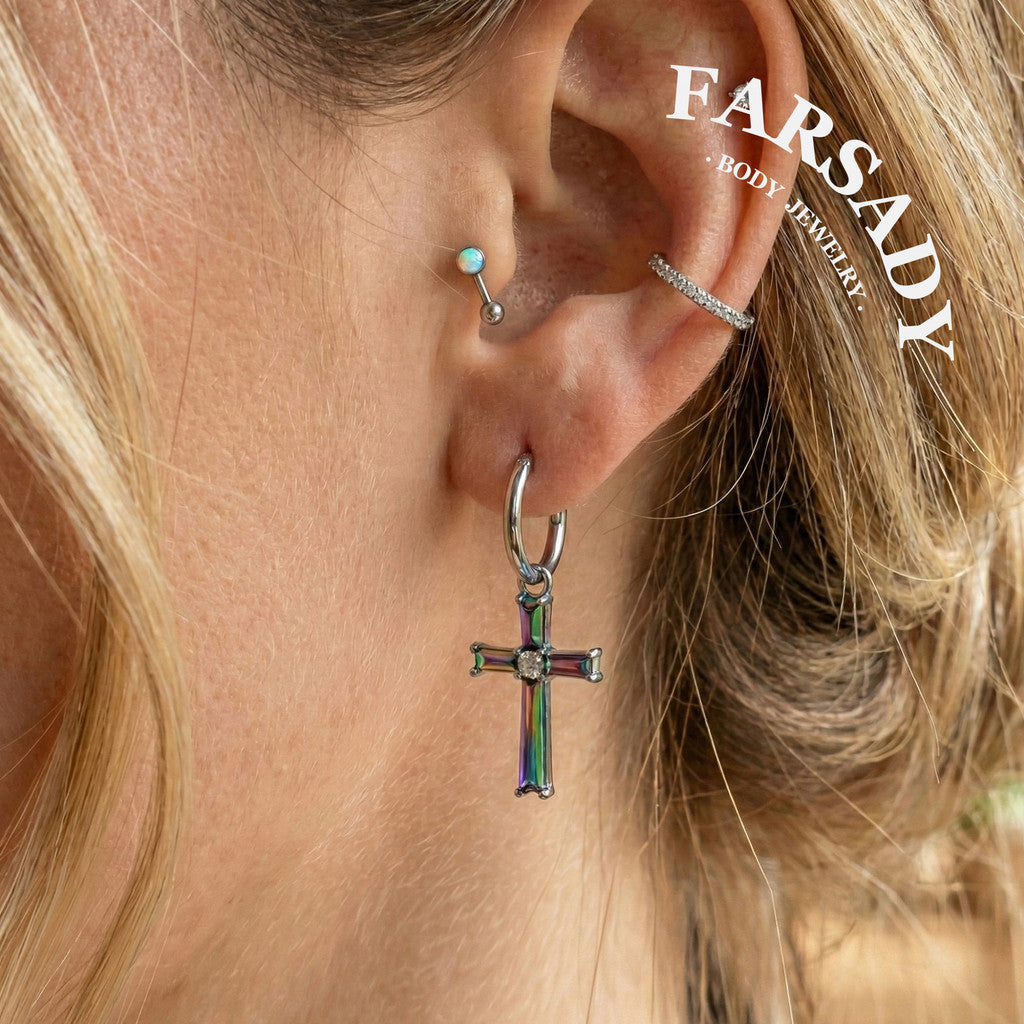 Rainbow Mystic Cross - F136 Titanium CZ Dangle Charm / Interchangeable Hoop Earring Pendant for Helix Daith Cartilage Piercing