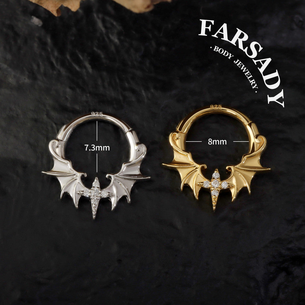Dusk Wing - 925 Silver CZ Hinged Clicker Hoop / Fits 16G Septum Ring Helix Conch Daith Earring