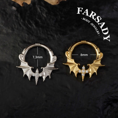 Dusk Wing - 925 Silver CZ Hinged Clicker Hoop / Fits 16G Septum Ring Helix Conch Daith Earring