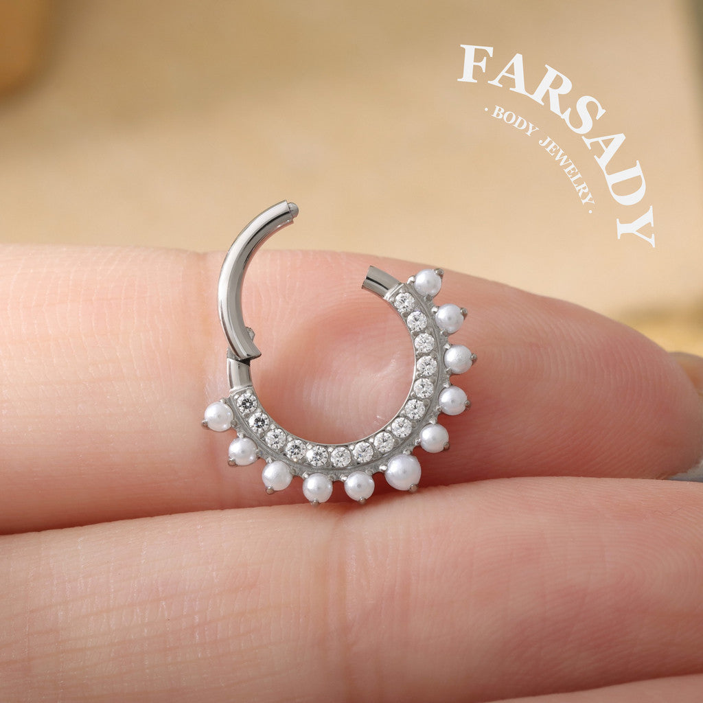 Pearl Fringe - F136 Titanium Hinged Clicker Hoop / Fits 16G Septum Ring Helix Conch Cartilage Earring