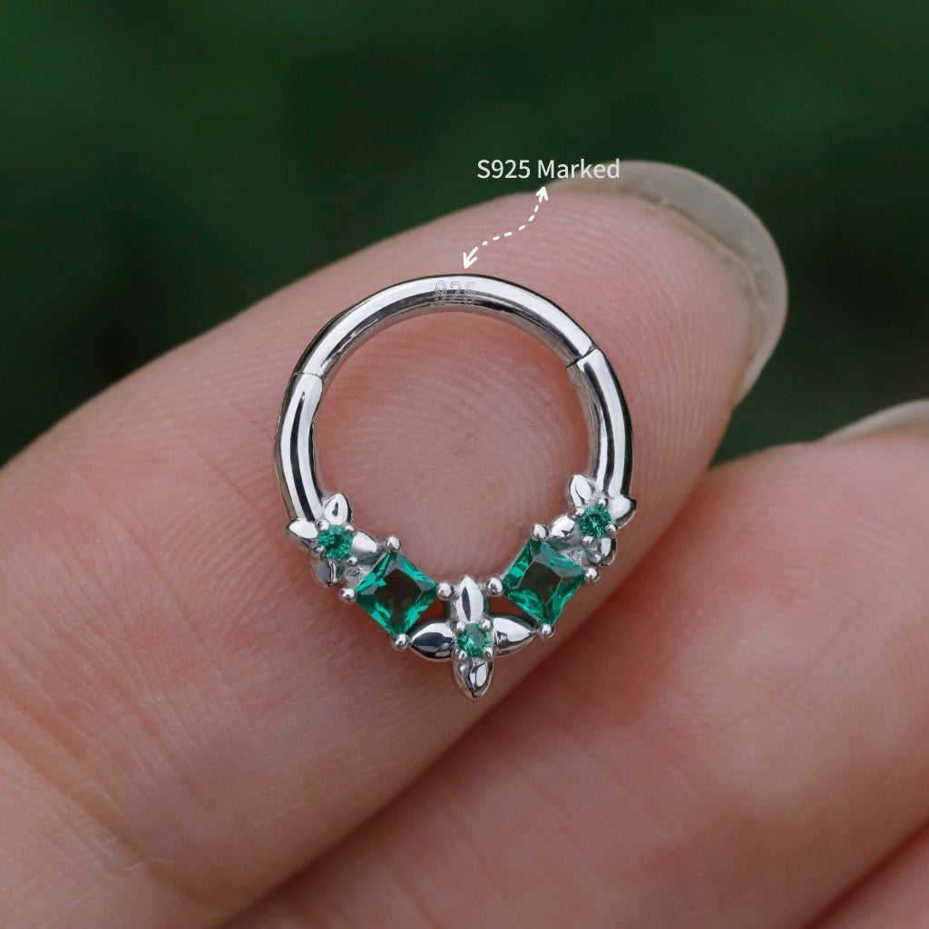 Sterling Silver Flower Green Zircon Daith Hoop Earrings Handmade Daith Piercing Jewelry Hinged Septum Ring Unique Helix Tragus Lobe Cartilage Earrings Daily Wear Gift for Her